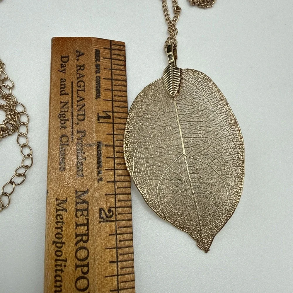 Delicate Gold Plated Real Leaf Pendant With 29-31 inch Gold Tone Sweater Chain